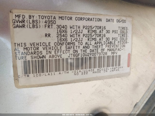 Aukcja sprzedaży 2000 Lexus Rx 300, vin: JT6GF10U2Y0079728, numer aukcji: 45814879