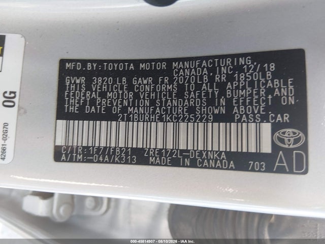 2019 Toyota Corolla Le მანქანა იყიდება აუქციონზე, vin: 2T1BURHE1KC225229, აუქციონის ნომერი: 45814907