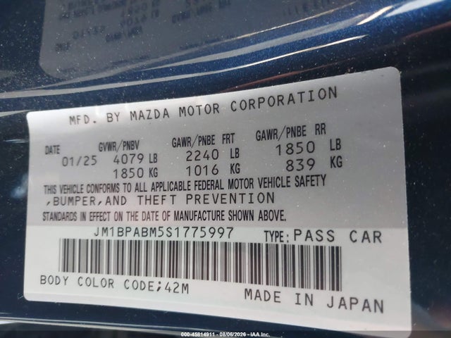 Aukcja sprzedaży 2025 Mazda Mazda3 2.5 S Select Sport, vin: JM1BPABM5S1775997, numer aukcji: 45814911