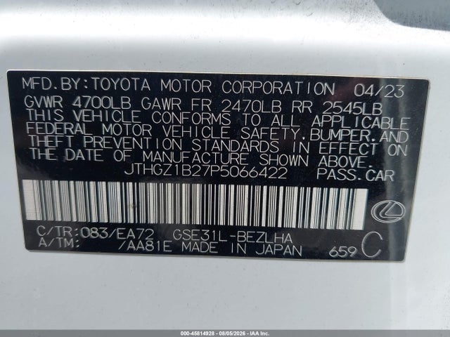 45814928 :رقم المزاد ، JTHGZ1B27P5066422 vin ، 2023 Lexus Is 350 F Sport مزاد بيع