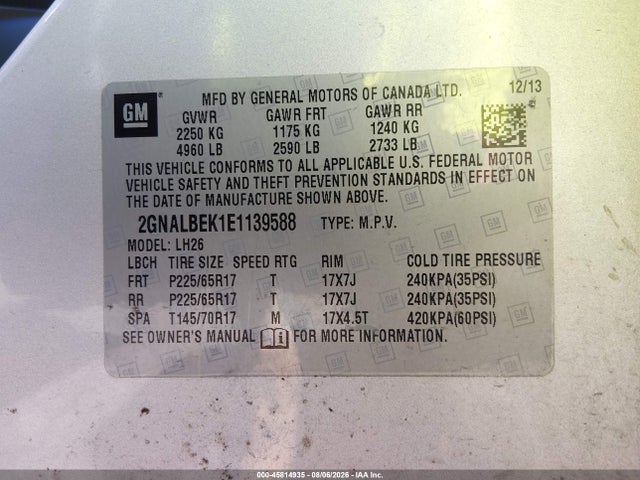 45814935 :رقم المزاد ، 2GNALBEK1E1139588 vin ، 2014 Chevrolet Equinox Lt مزاد بيع