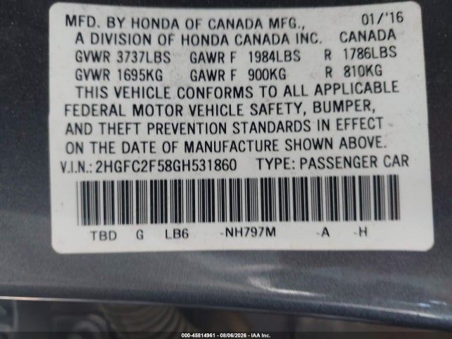 Honda Civic Lx 2016 2HGFC2F58GH531860 Image 9