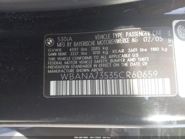 2005 Bmw 530i მანქანა იყიდება აუქციონზე, vin: WBANA73535CR60659, აუქციონის ნომერი: 45814962