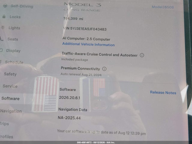 45814972 :رقم المزاد ، 5YJ3E1EA5JF043483 vin ، 2018 Tesla Model 3 Long Range/mid Range مزاد بيع
