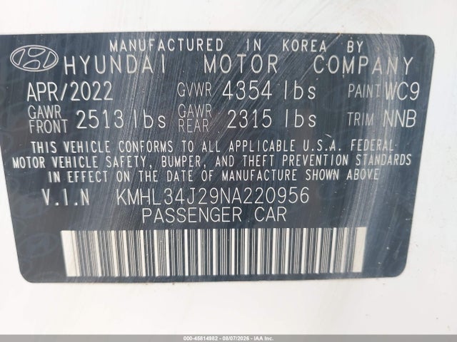 Продажа на аукционе авто 2022 Hyundai Sonata Limited, vin: KMHL34J29NA220956, номер лота: 45814982