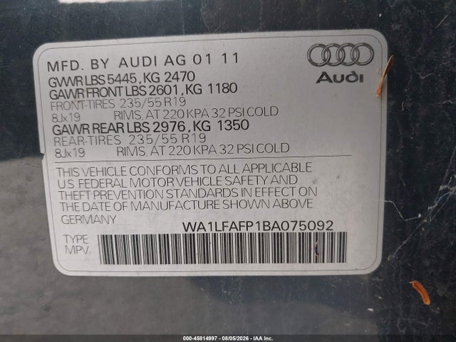 45814997 :رقم المزاد ، WA1LFAFP1BA075092 vin ، 2011 Audi Q5 2.0t Premium مزاد بيع