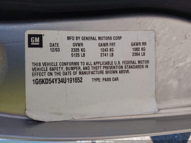 2004 Cadillac Deville მანქანა იყიდება აუქციონზე, vin: 1G6KD54Y34U191652, აუქციონის ნომერი: 45815000
