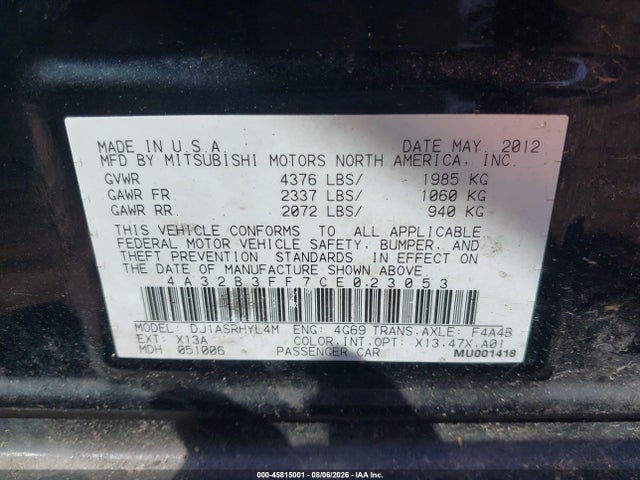 Aukcja sprzedaży 2012 Mitsubishi Galant Es/se, vin: 4A32B3FF7CE023053, numer aukcji: 45815001