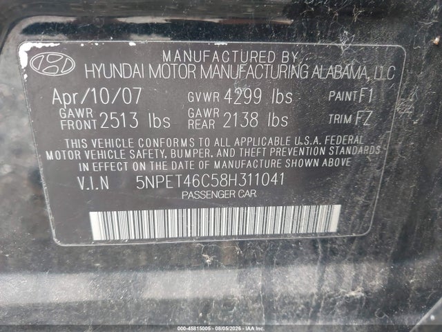 45815005 :رقم المزاد ، 5NPET46C58H311041 vin ، 2008 Hyundai Sonata Gls مزاد بيع