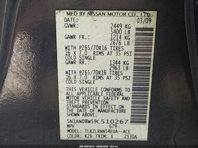 Продаж на аукціоні авто 2009 Nissan Xterra S, vin: 5N1AN08W59C510267, номер лоту: 45815014