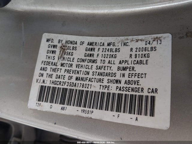45815017 :رقم المزاد ، 1HGCR2F35DA178021 vin ، 2013 Honda Accord Lx مزاد بيع