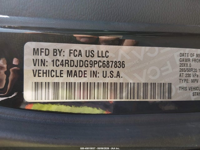45815037 :رقم المزاد ، 1C4RDJDG9PC687836 vin ، 2023 Dodge Durango Gt Awd مزاد بيع