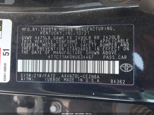 Toyota CAMRY LE 2022 4T1C11AK0NU634467 Image 9