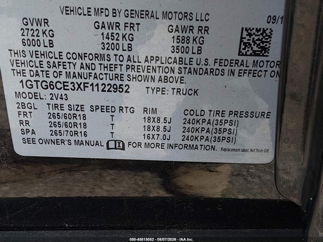 45815052 :رقم المزاد ، 1GTG6CE3XF1122952 vin ، 2015 Gmc Canyon 4wd Slt مزاد بيع