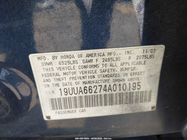 45815054 :رقم المزاد ، 19UUA66274A010195 vin ، 2004 Acura Tl مزاد بيع