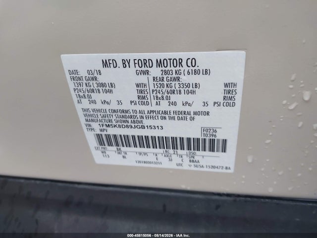 1FM5K8D89JGB15313 Ford EXPLORER XLT