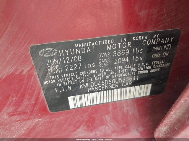 Продаж на аукціоні авто 2008 Hyundai Elantra Gls/se, vin: KMHDU46D68U533641, номер лоту: 45815065