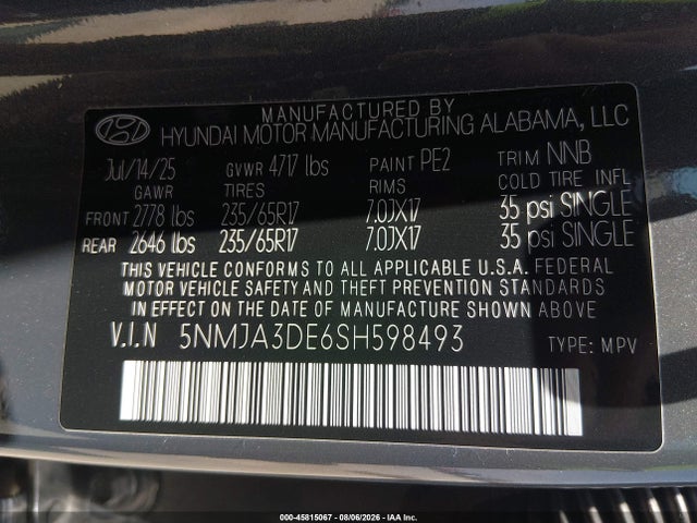 2025 Hyundai Tucson Se მანქანა იყიდება აუქციონზე, vin: 5NMJA3DE6SH598493, აუქციონის ნომერი: 45815067