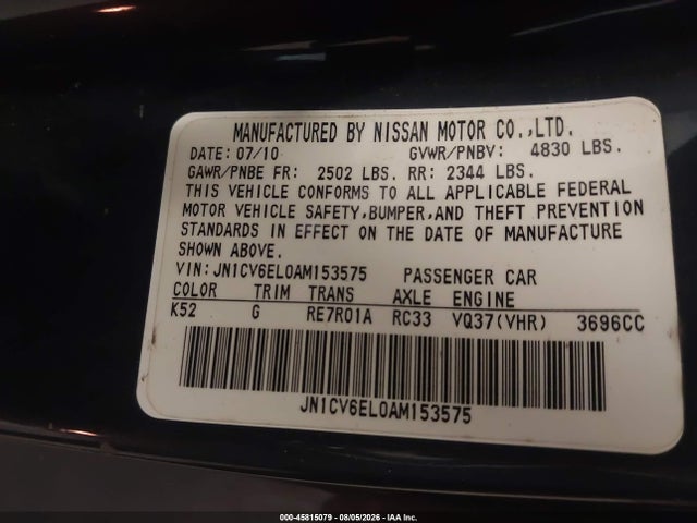 Продаж на аукціоні авто 2010 Infiniti G37x, vin: JN1CV6EL0AM153575, номер лоту: 45815079