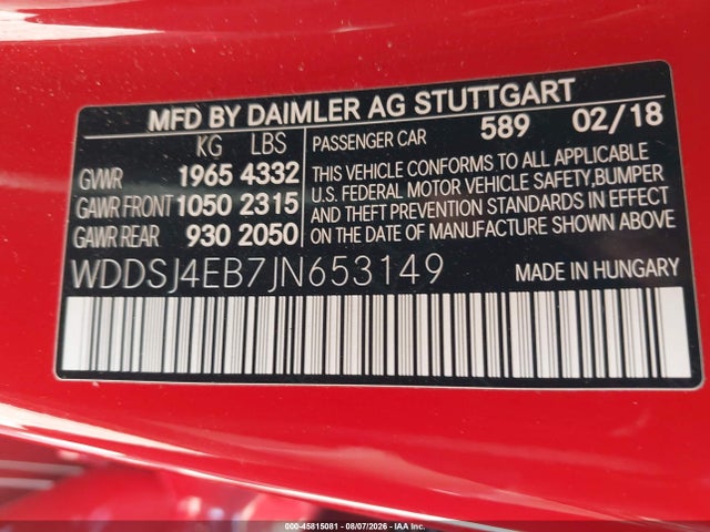 Aukcja sprzedaży 2018 Mercedes-benz Cla 250, vin: WDDSJ4EB7JN653149, numer aukcji: 45815081