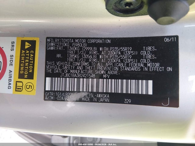 45815098 :رقم المزاد ، JTJBC1BA3B2421548 vin ، 2011 Lexus Rx 450h مزاد بيع