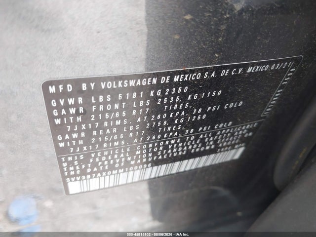 Aukcja sprzedaży 2021 Volkswagen Tiguan 2.0t Se/2.0t Se R-line Black/2.0t Sel, vin: 3VV3B7AX0MM100096, numer aukcji: 45815102