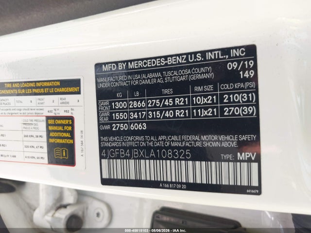 Aukcja sprzedaży 2020 Mercedes-benz Gle 350, vin: 4JGFB4JBXLA108325, numer aukcji: 45815103