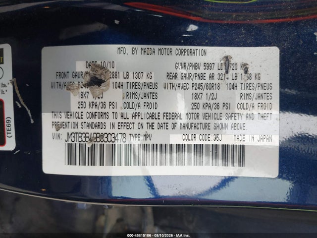 45815106 :رقم المزاد ، JM3TB3BA9B0303478 vin ، 2011 Mazda Cx-9 Sport مزاد بيع