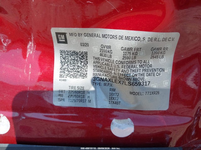 45815118 :رقم المزاد ، 3GNAXLEX7LS659317 vin ، 2020 Chevrolet Equinox Fwd Lt 2.0l Turbo مزاد بيع