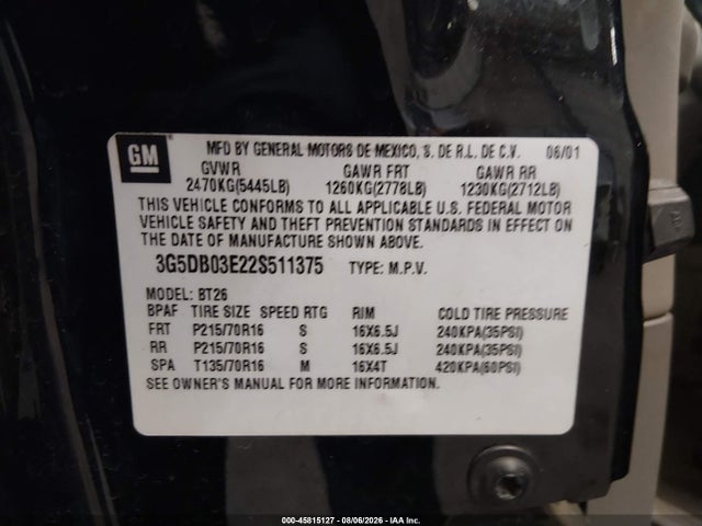 2002 Buick Rendezvous Cxl მანქანა იყიდება აუქციონზე, vin: 3G5DB03E22S511375, აუქციონის ნომერი: 45815127