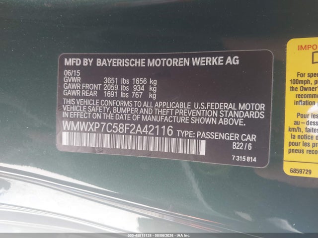2015 Mini Hardtop Cooper S მანქანა იყიდება აუქციონზე, vin: WMWXP7C58F2A42116, აუქციონის ნომერი: 45815128