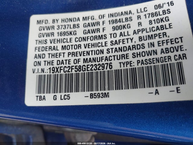 Продаж на аукціоні авто 2016 Honda Civic Lx, vin: 19XFC2F58GE232976, номер лоту: 45815135