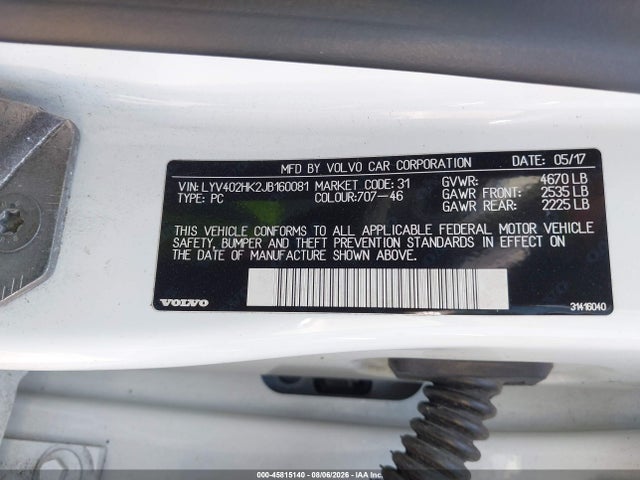 45815140 :رقم المزاد ، LYV402HK2JB160081 vin ، 2018 Volvo S60 Inscription T5 مزاد بيع