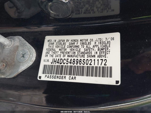 45815155 :رقم المزاد ، JH4DC54896S021172 vin ، 2006 Acura Rsx مزاد بيع
