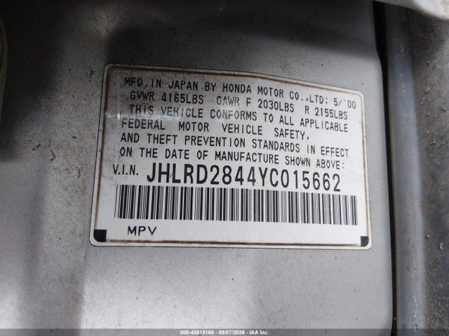 45815160 :رقم المزاد ، JHLRD2844YC015662 vin ، 2000 Honda Cr-v Lx مزاد بيع