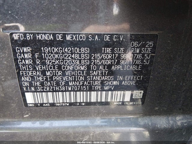 Продаж на аукціоні авто 2026 Honda Hr-v 2wd Lx, vin: 3CZRZ1H38TM707151, номер лоту: 45815163