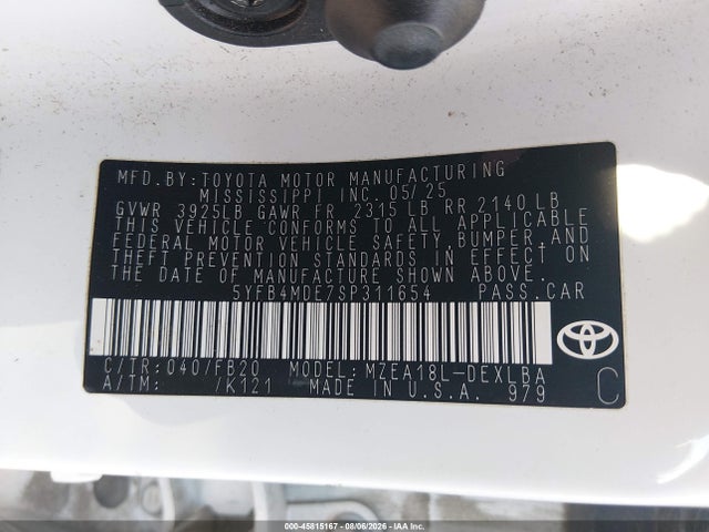 Aukcja sprzedaży 2025 Toyota Corolla Le, vin: 5YFB4MDE7SP311654, numer aukcji: 45815167