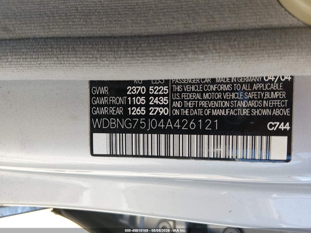 45815169 :رقم المزاد ، WDBNG75J04A426121 vin ، 2004 Mercedes-benz S 500 مزاد بيع