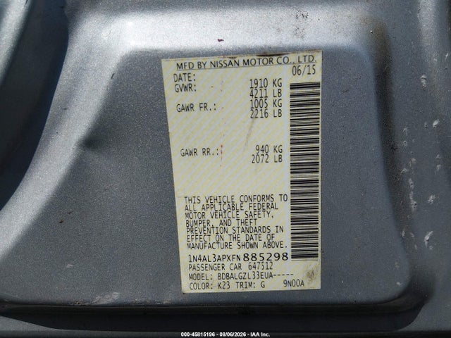 1N4AL3APXFN885298 Nissan Altima 2.5/2.5 S/2.5 Sl/2.5 Sv