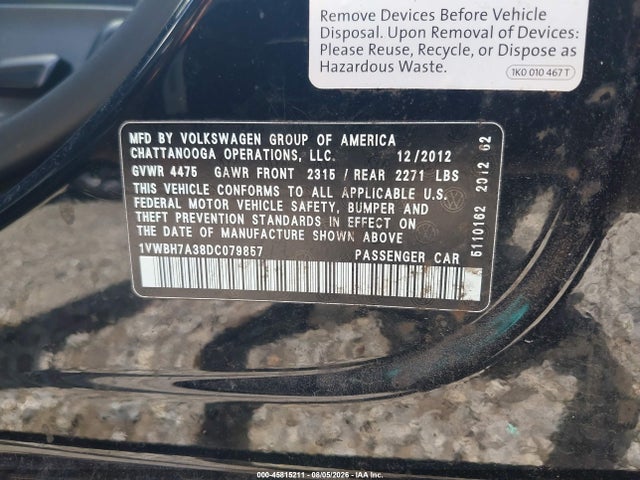 2013 Volkswagen Passat 2.5l Se მანქანა იყიდება აუქციონზე, vin: 1VWBH7A38DC079857, აუქციონის ნომერი: 45815211