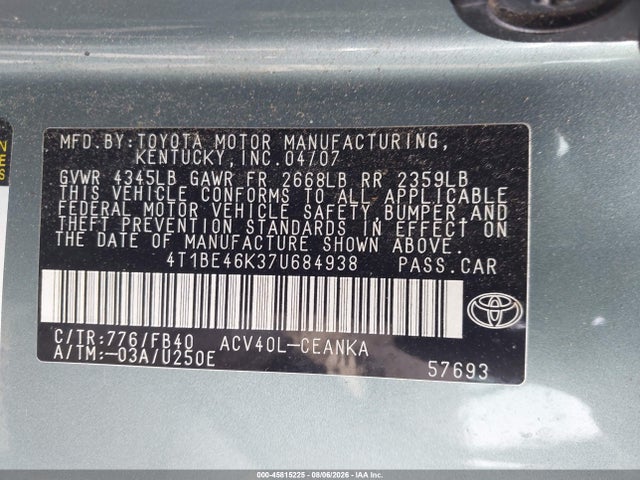 Продаж на аукціоні авто 2007 Toyota Camry Le, vin: 4T1BE46K37U684938, номер лоту: 45815225