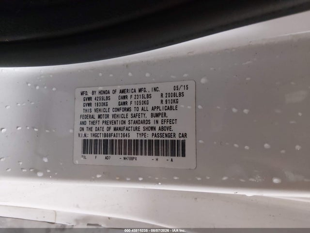 45815235 :رقم المزاد ، 1HGCT1B88FA013645 vin ، 2015 Honda Accord Ex-l مزاد بيع