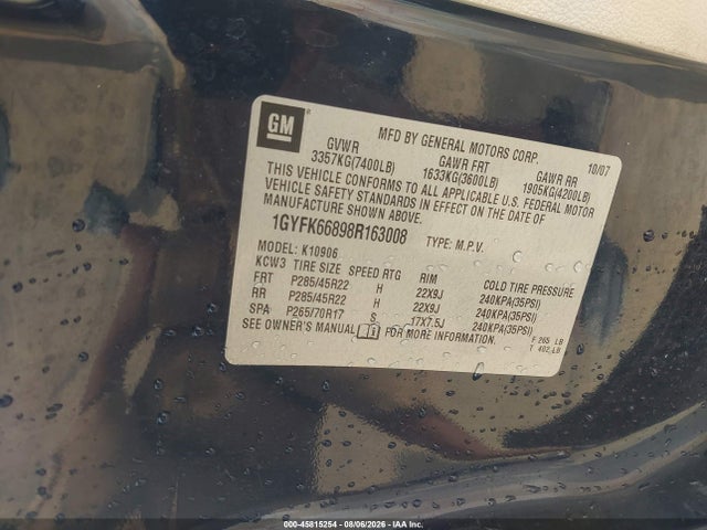 2008 Cadillac Escalade Esv Standard მანქანა იყიდება აუქციონზე, vin: 1GYFK66898R163008, აუქციონის ნომერი: 45815254