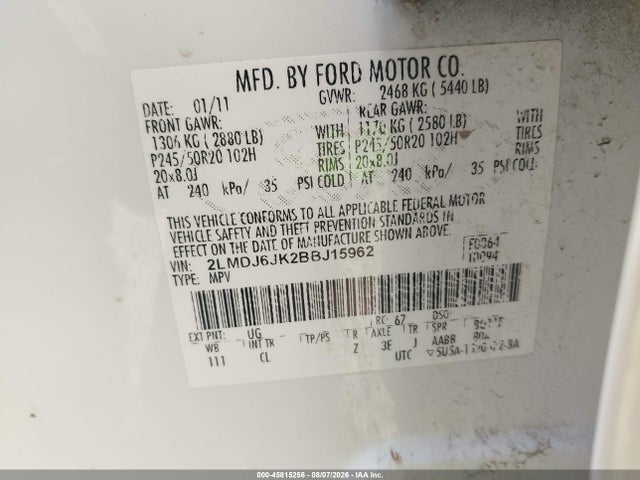 Продаж на аукціоні авто 2011 Lincoln Mkx, vin: 2LMDJ6JK2BBJ15962, номер лоту: 45815256