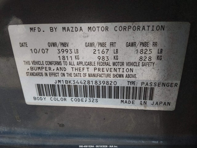 45815264 :رقم المزاد ، JM1BK344281839820 vin ، 2008 Mazda Mazda3 S Sport مزاد بيع
