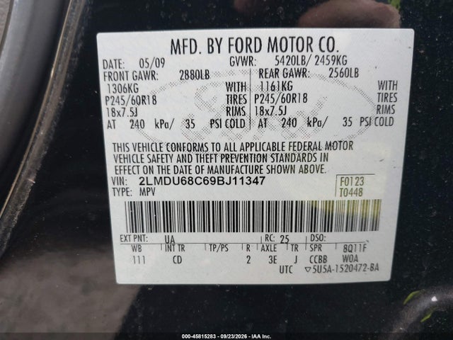 Продаж на аукціоні авто 2009 Lincoln Mkx, vin: 2LMDU68C69BJ11347, номер лоту: 45815283