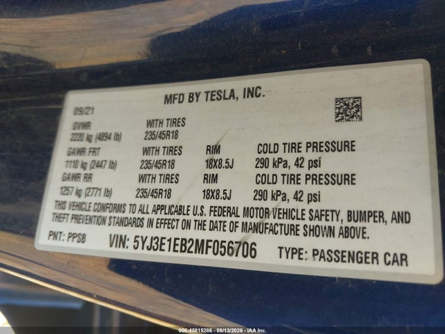 45815286 :رقم المزاد ، 5YJ3E1EB2MF056706 vin ، 2021 Tesla Model 3 Long Range Dual Motor All-wheel Drive مزاد بيع