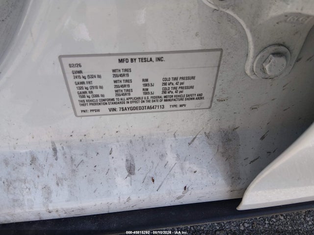 45815292 :رقم المزاد ، 7SAYGDED3TA647113 vin ، 2026 Tesla Model Y Premium Rear-wheel Drive/rear-wheel Drive مزاد بيع