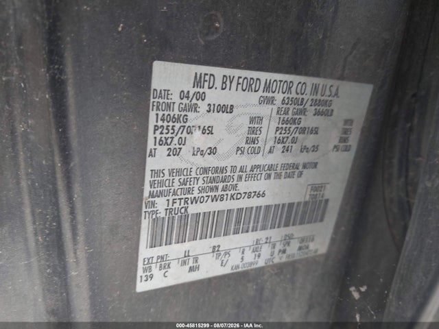 45815299 :رقم المزاد ، 1FTRW07W81KD78766 vin ، 2001 Ford F-150 Harley-davidson Edition/king Ranch Edition/lariat/xlt مزاد بيع