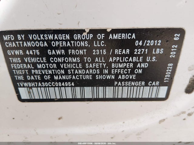 Aukcja sprzedaży 2012 Volkswagen Passat 2.5l Se, vin: 1VWBH7A30CC084954, numer aukcji: 45815306